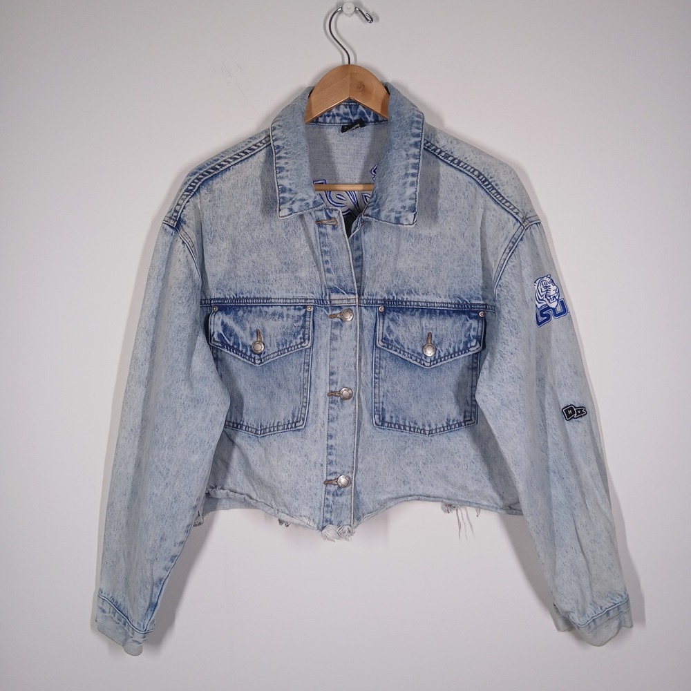 Hype & Vice Denim Jacket Women's XL Light Blue Cotton Cropped Tigers Y2K Varsity